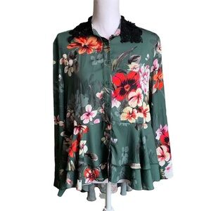 Kiwe High Low Long Sleeve Collar Embroidered Button Down Floral Blouse Size 40